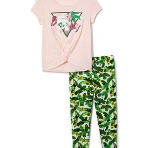 Pink 'Beach Party' Tie-Front Tee & Green Leaves Leggings